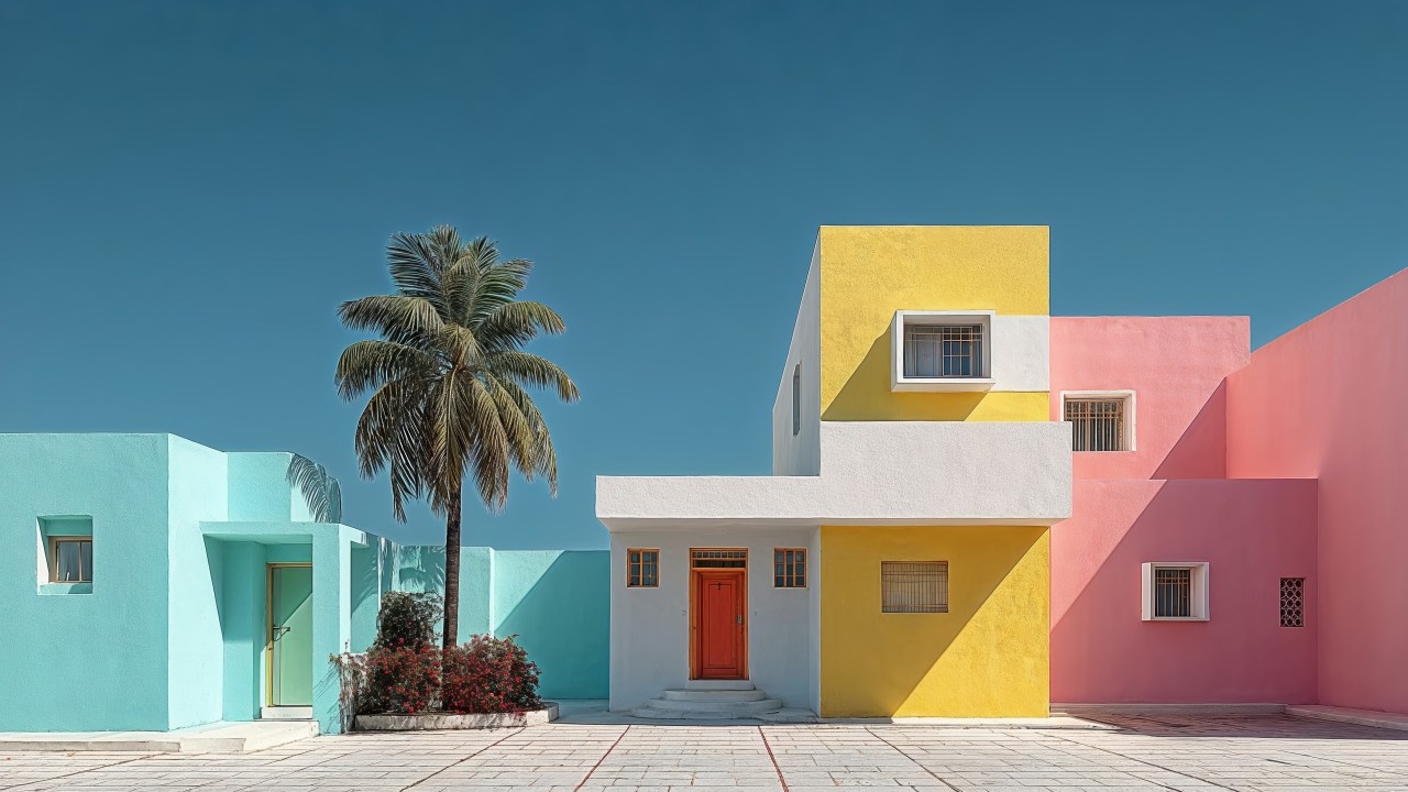 island aesthetic wallpaper, oceanfront homes, sunny days, background for desktop wallpaper (horizontal)