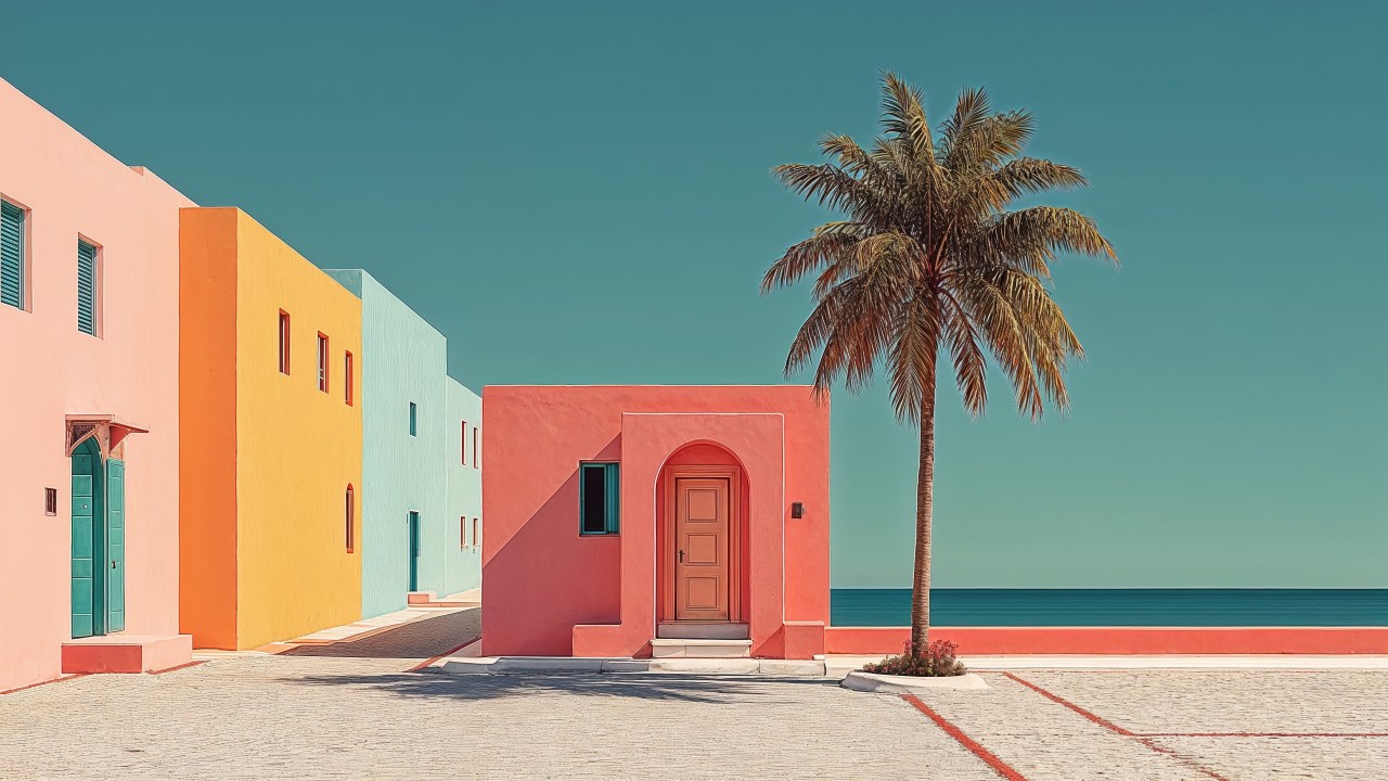 waterfront view wallpaper, serene getaway, summer vibes, background for desktop wallpaper (horizontal)