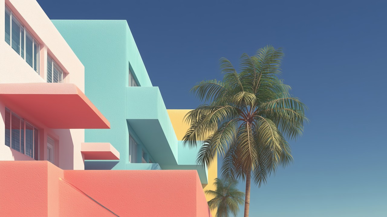 pastel houses wallpaper, ocean sky, beach aesthetic, background for desktop wallpaper (horizontal)