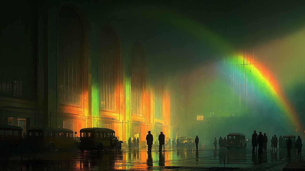 rainbow spectrum wallpaper, moody aesthetic, streets, background for desktop wallpaper (horizontal)