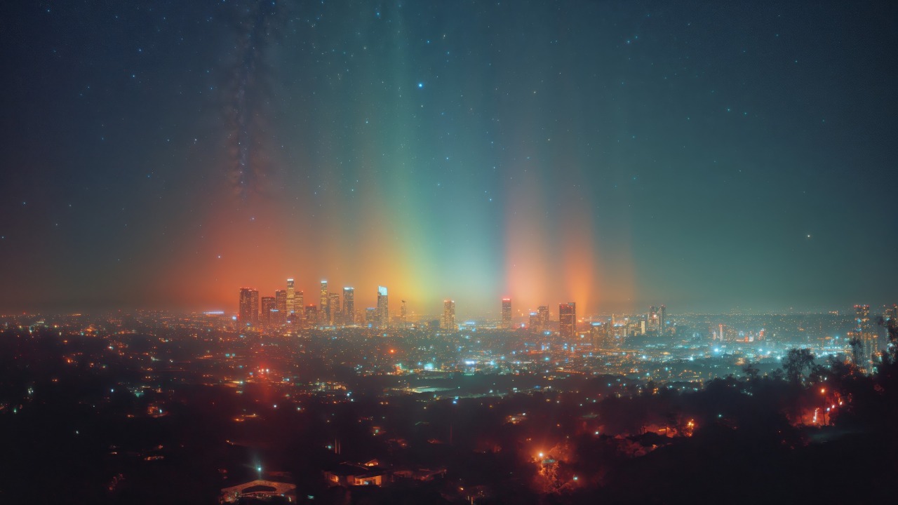 vibrant city wallpaper, cityscape art, rainbow light, background for desktop wallpaper (horizontal)