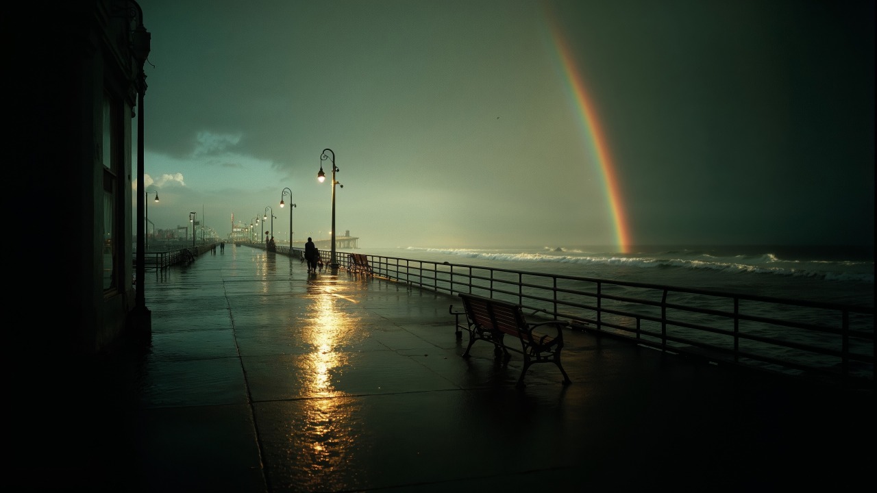 coastal vibes wallpaper, rainbow hues, colorful lights, background for desktop wallpaper (horizontal)