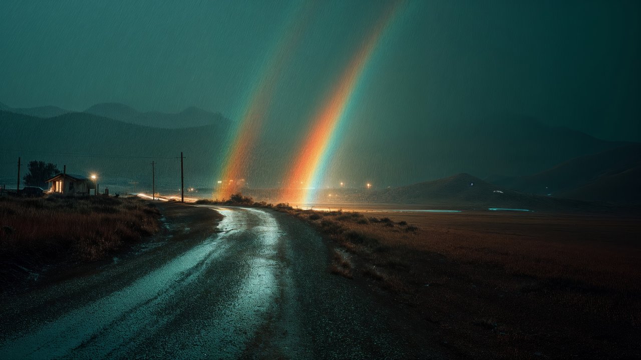 night scene wallpaper, meadow, road, background for desktop wallpaper (horizontal)