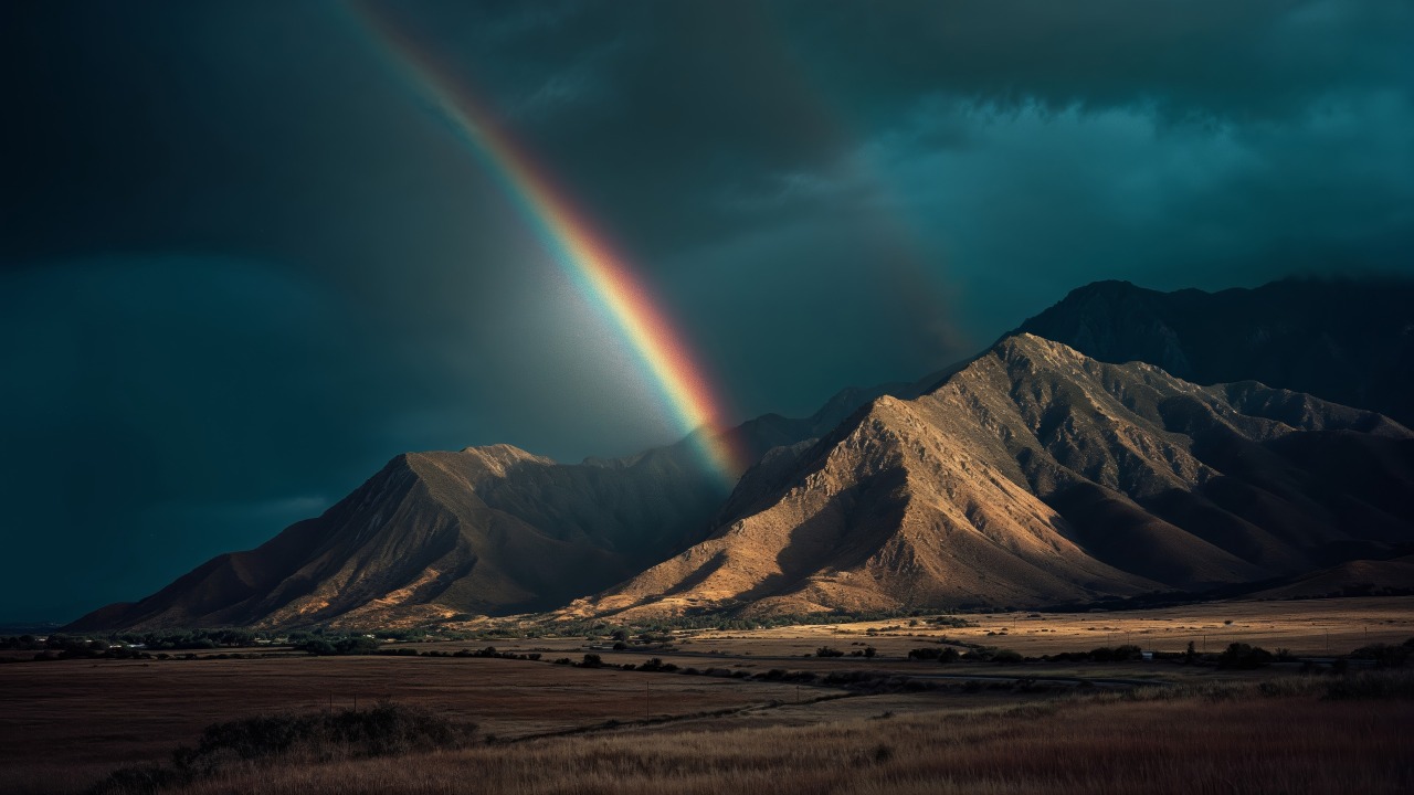 outdoor exploration wallpaper, rainbow mountains, moody landscape, background for desktop wallpaper (horizontal)