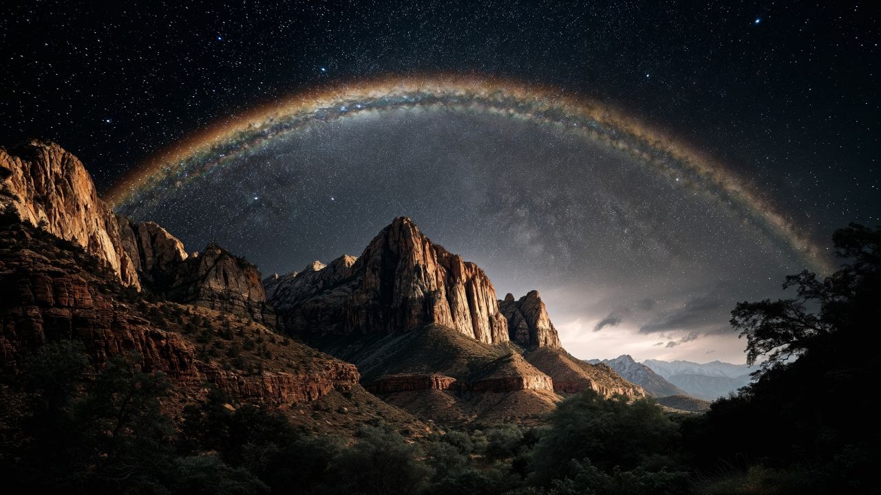 tranquil scene wallpaper, rainbow sky, dramatic clouds, background for desktop wallpaper (horizontal)