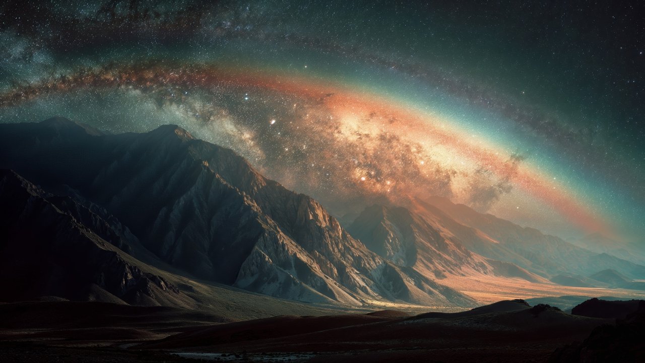 colorful aura wallpaper, rainbow sky, nighttime stars, background for desktop wallpaper (horizontal)