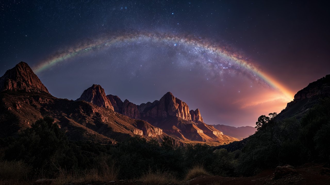 mystical landscape wallpaper, dark atmosphere, celestial colors, background for desktop wallpaper (horizontal)