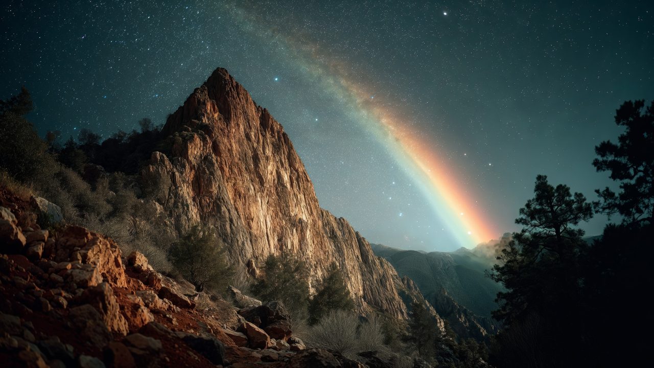 atmospheric art wallpaper, nighttime landscape, canyon sunset, background for desktop wallpaper (horizontal)