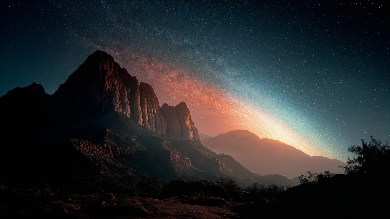 celestial colors wallpaper, volumetric light, nighttime landscape, background for desktop wallpaper (horizontal)