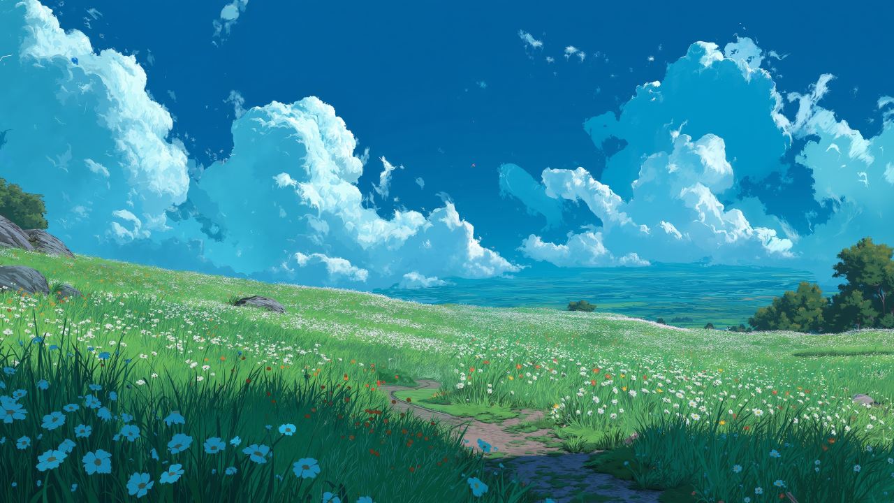 meadow flowers wallpaper, blue skies, fresh blooms, background for desktop wallpaper (horizontal)