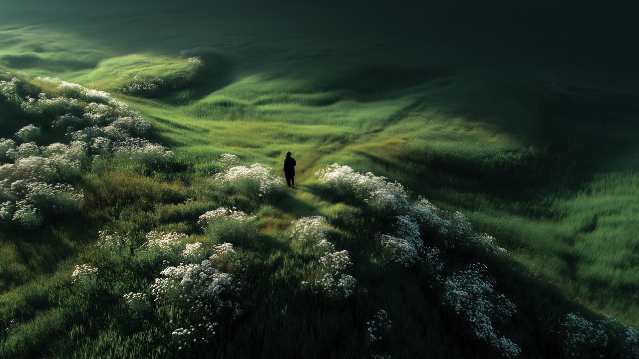 pastoral scene wallpaper, green growth, blooming nature, background for desktop wallpaper (horizontal)