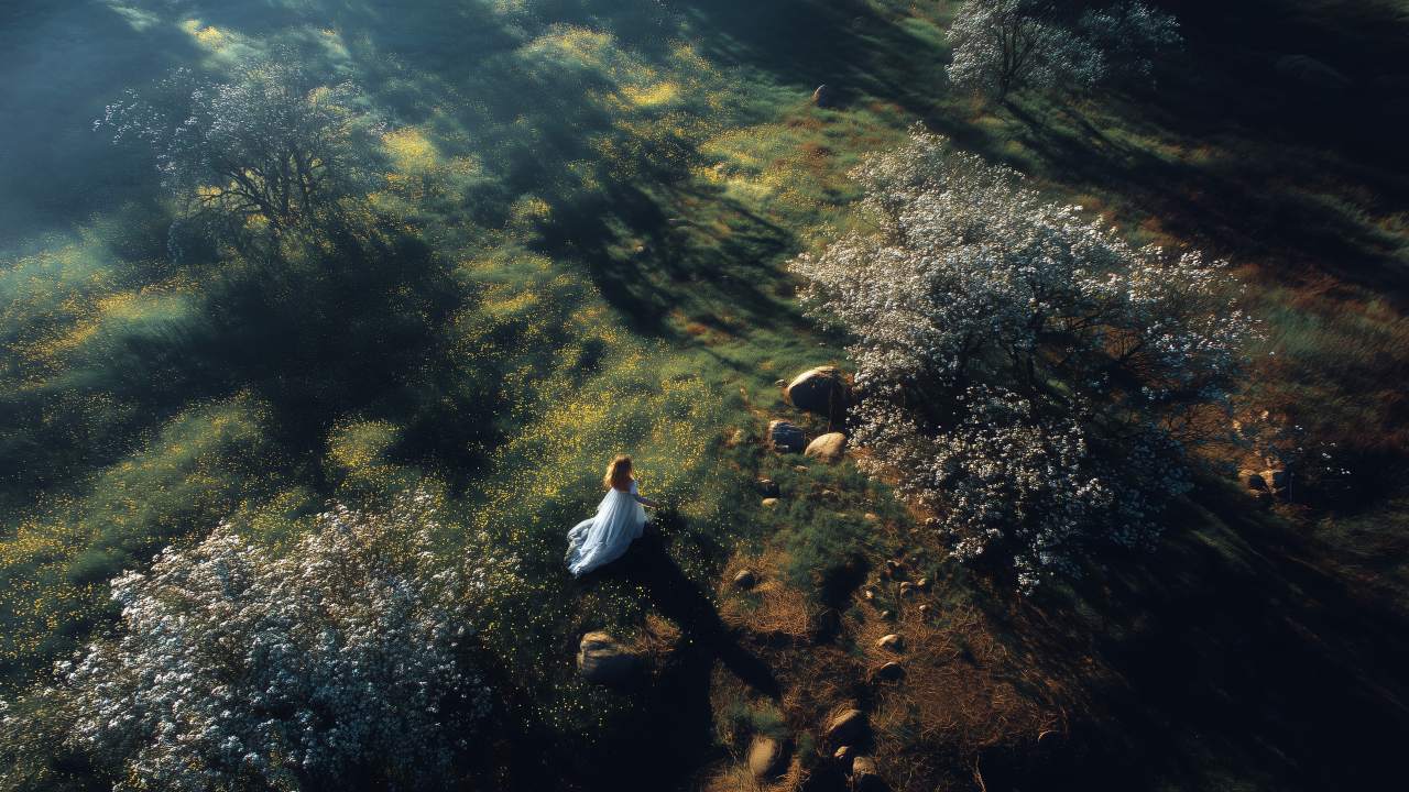 spring landscape wallpaper, green growth, woman in nature, background for desktop wallpaper (horizontal)