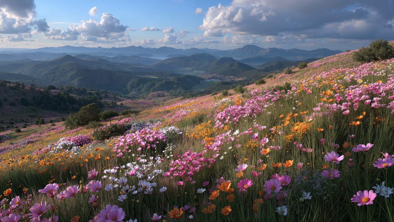 colorful blooms wallpaper, green growth, fresh greenery, background for desktop wallpaper (horizontal)