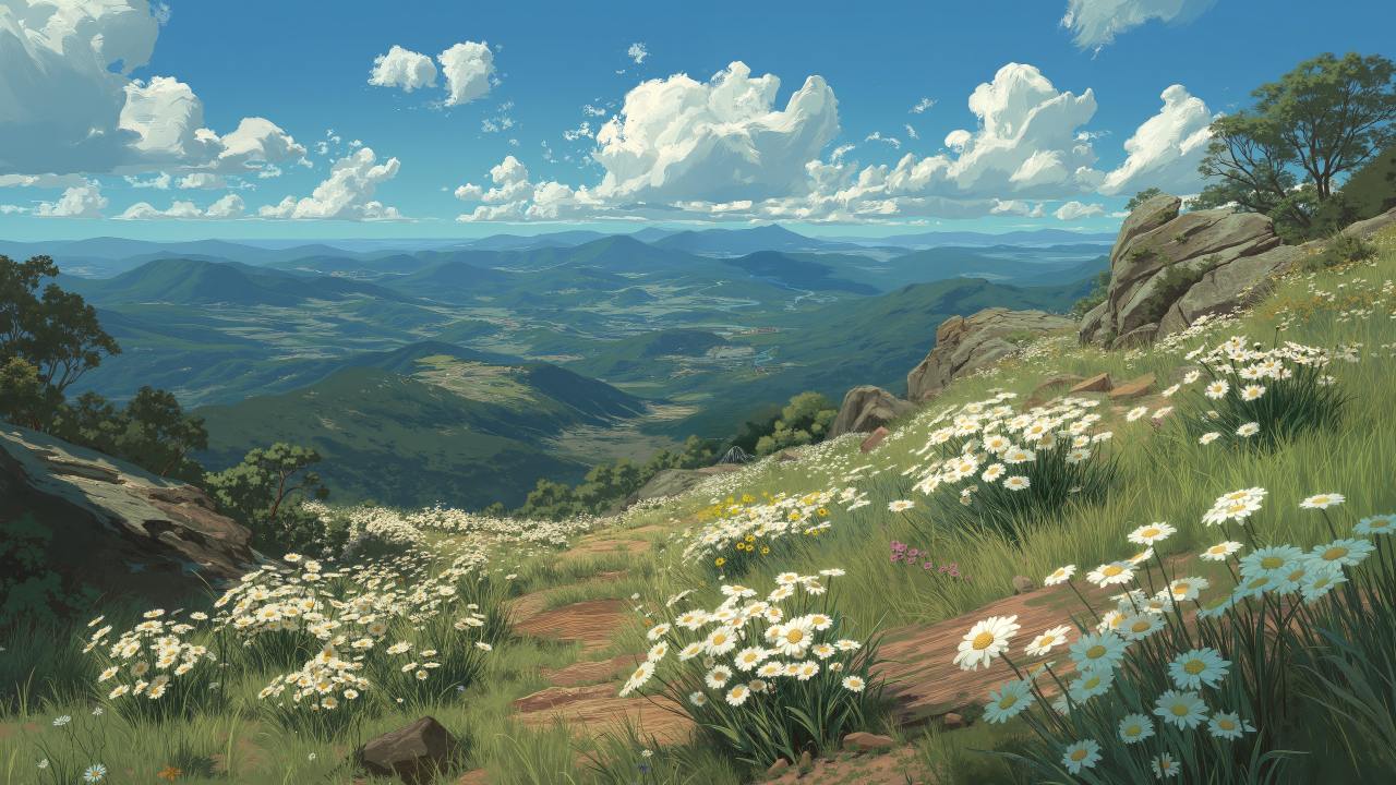 flower season wallpaper, blue skies, garden views, background for desktop wallpaper (horizontal)