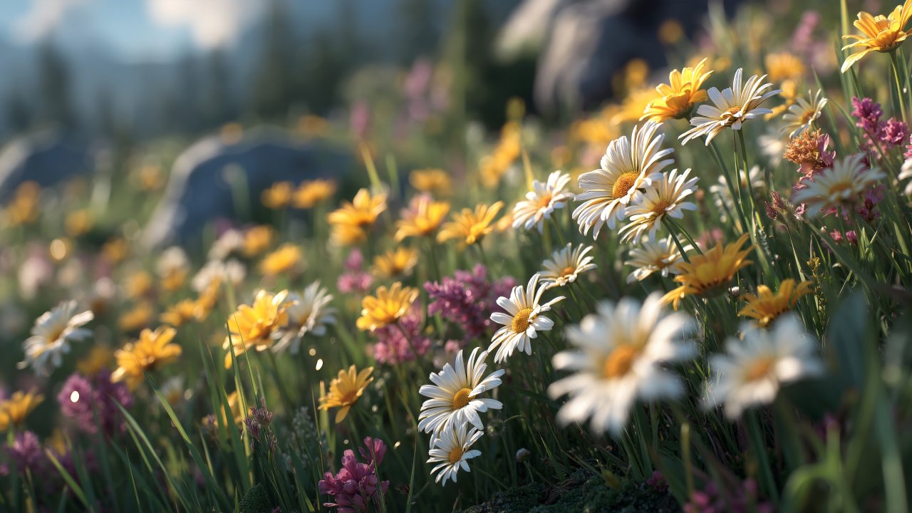 spring bloom wallpaper, wildflowers, warm sunlight, background for desktop wallpaper (horizontal)