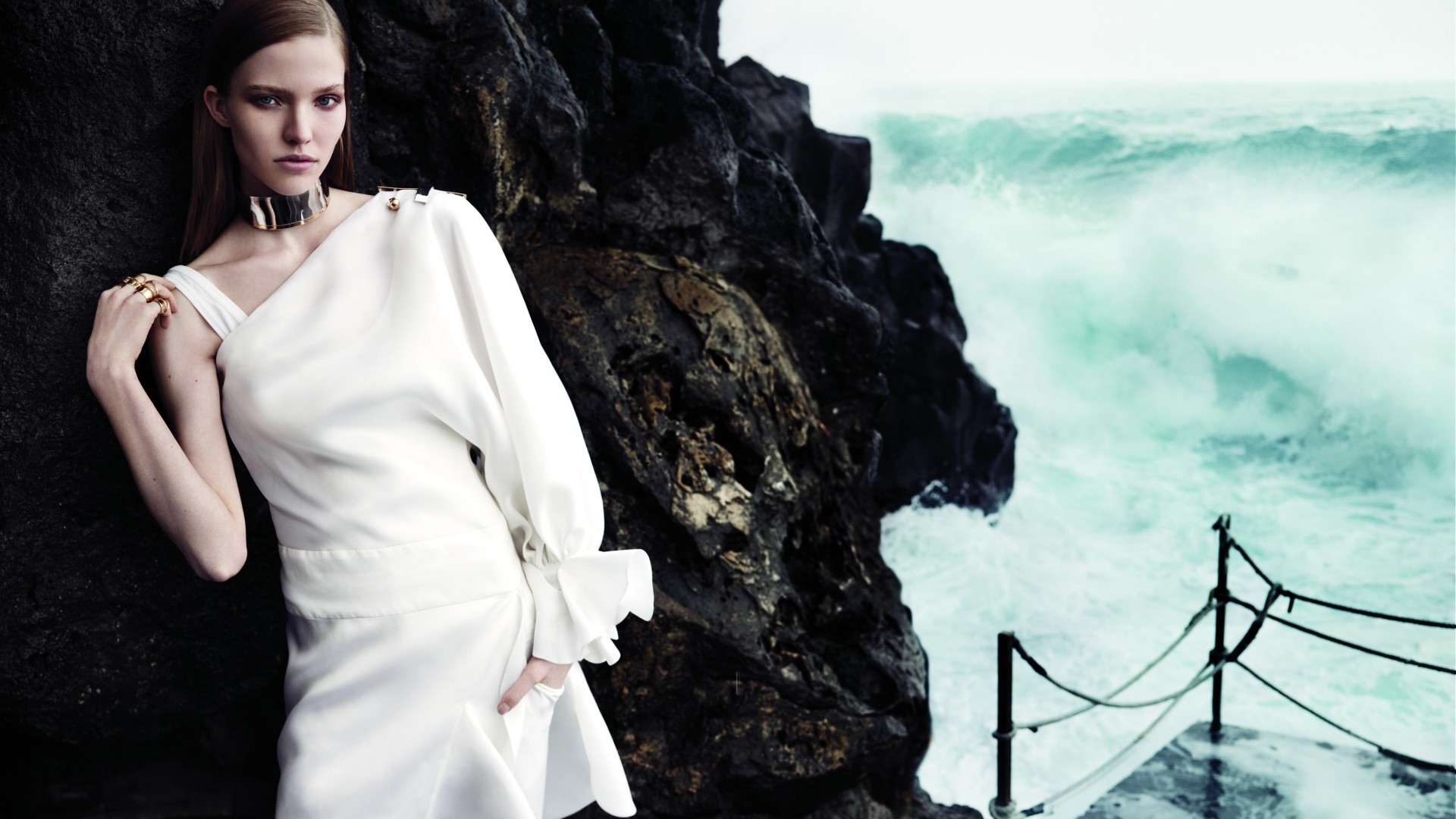 Sasha Luss, Top Fashion Models 2015, model, beach, white dress, sea, ocean,  (horizontal)