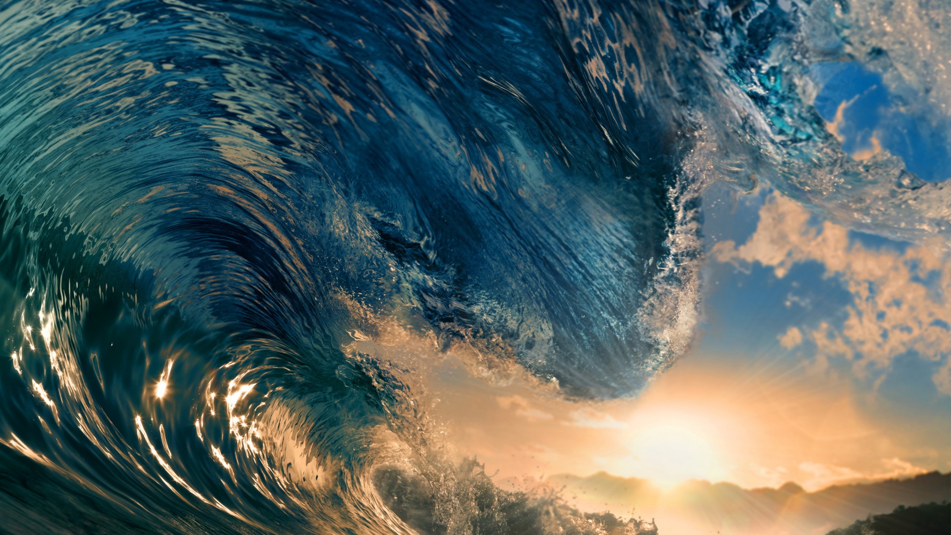 Sea, 5k, 4k wallpaper, ocean, water, wave, sunset, sky, rays, sun, blue (horizontal)