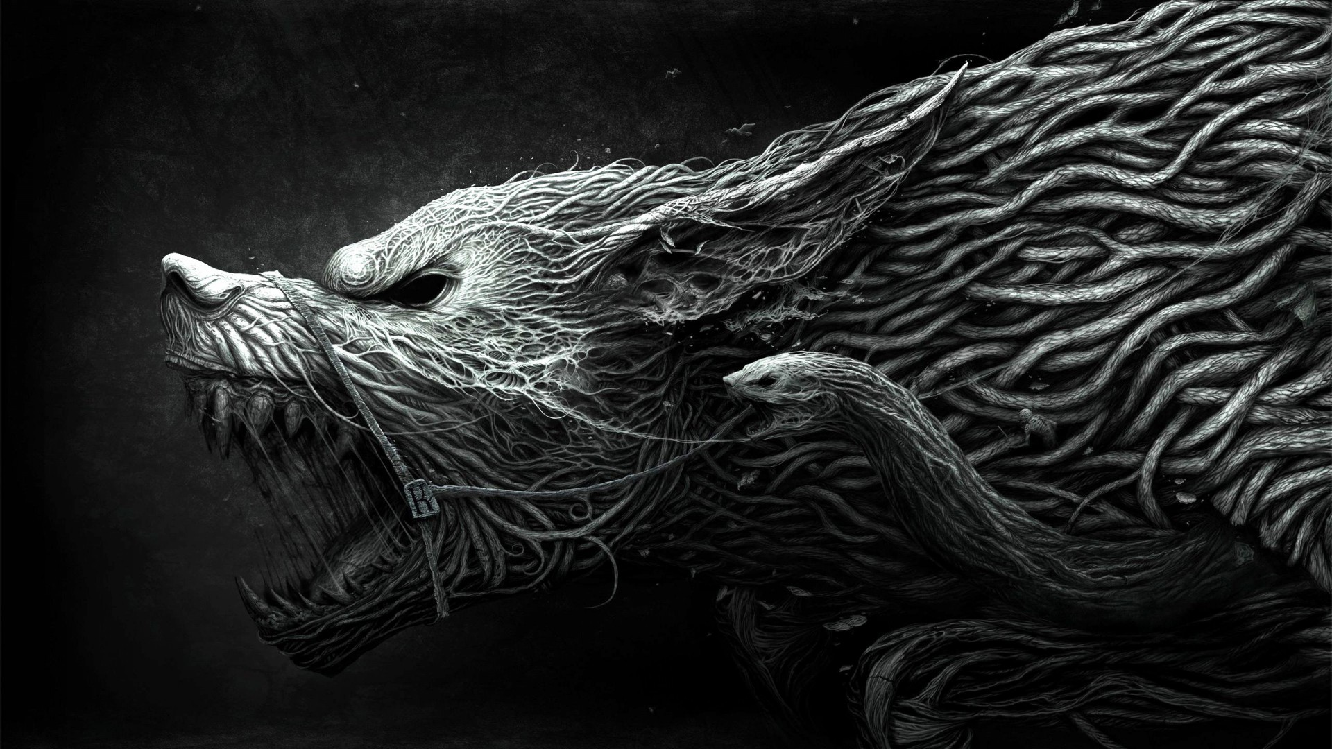 Wolf, Hellhound, art, black and white, dangerous, noise, darkness (horizontal)