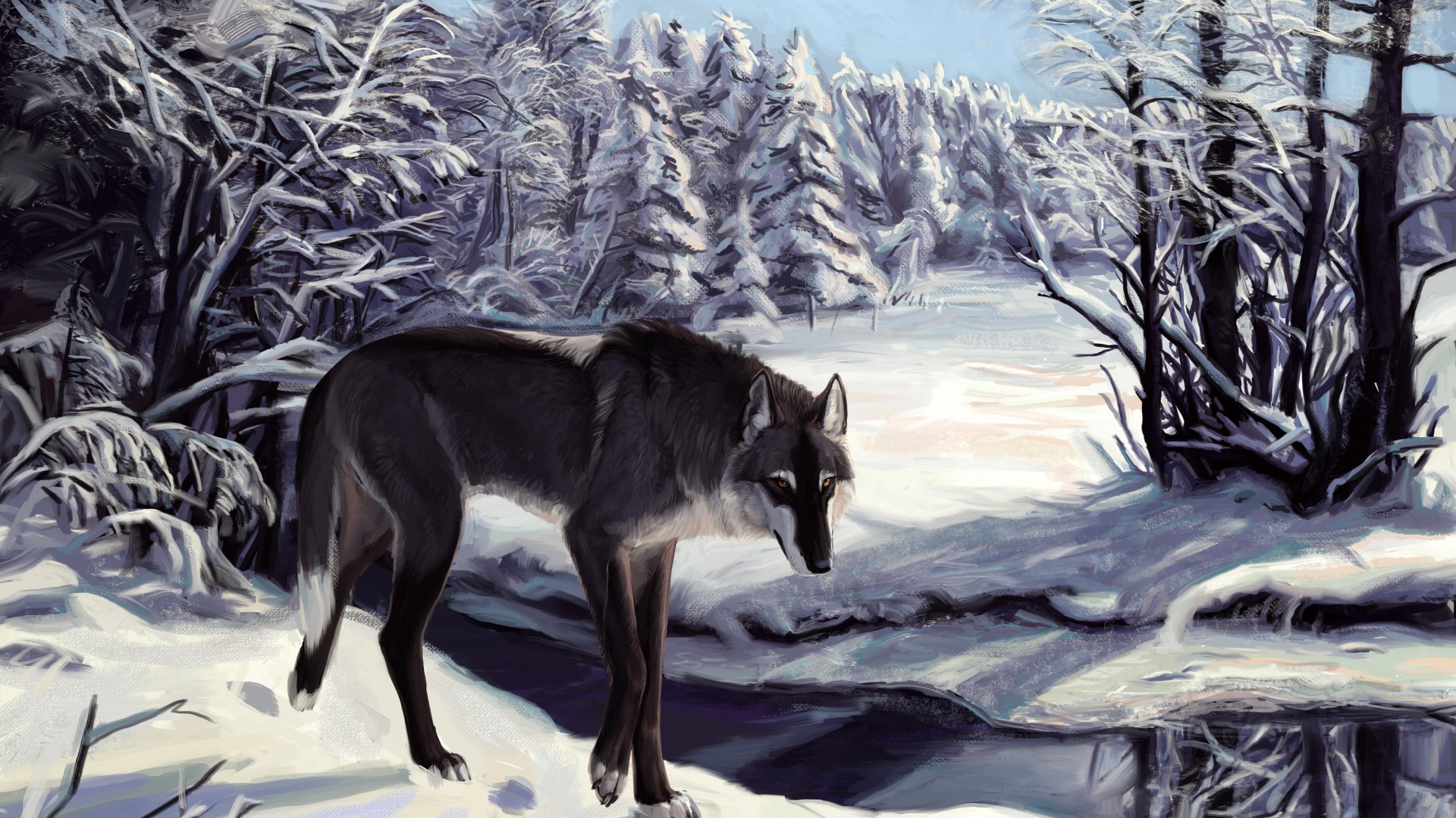 Wolf, winter, lake, sight, gray, white, forest, alone, art (horizontal)