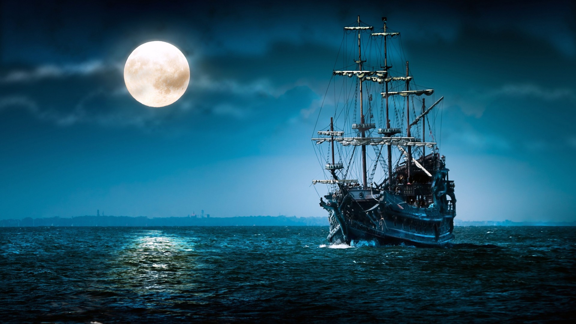 ship, sea, moon, night (horizontal)