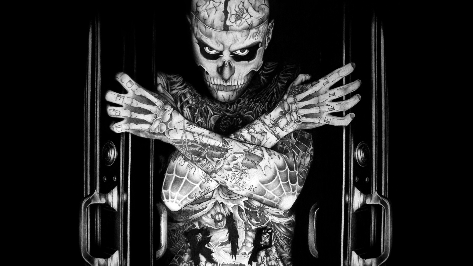 Rick Genest, Zombie Boy, model, tattoo, skeleton (horizontal)