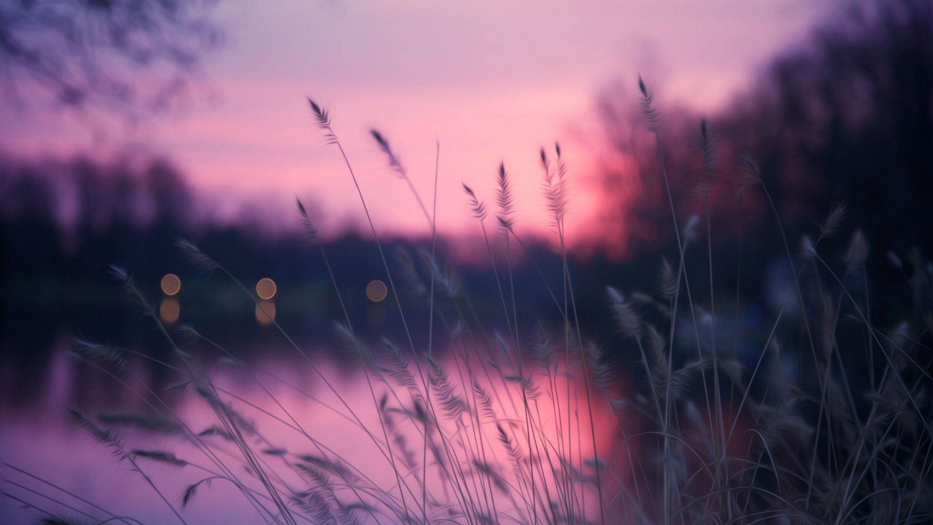 Lake, 4k, HD wallpaper, grass, sunset, purple (horizontal)