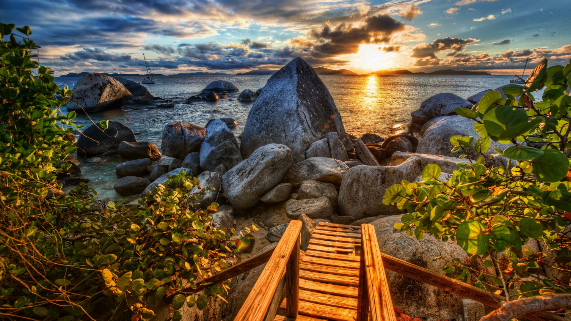 Sea, 4k, HD wallpaper, sun, sunset, stones, nature (horizontal)