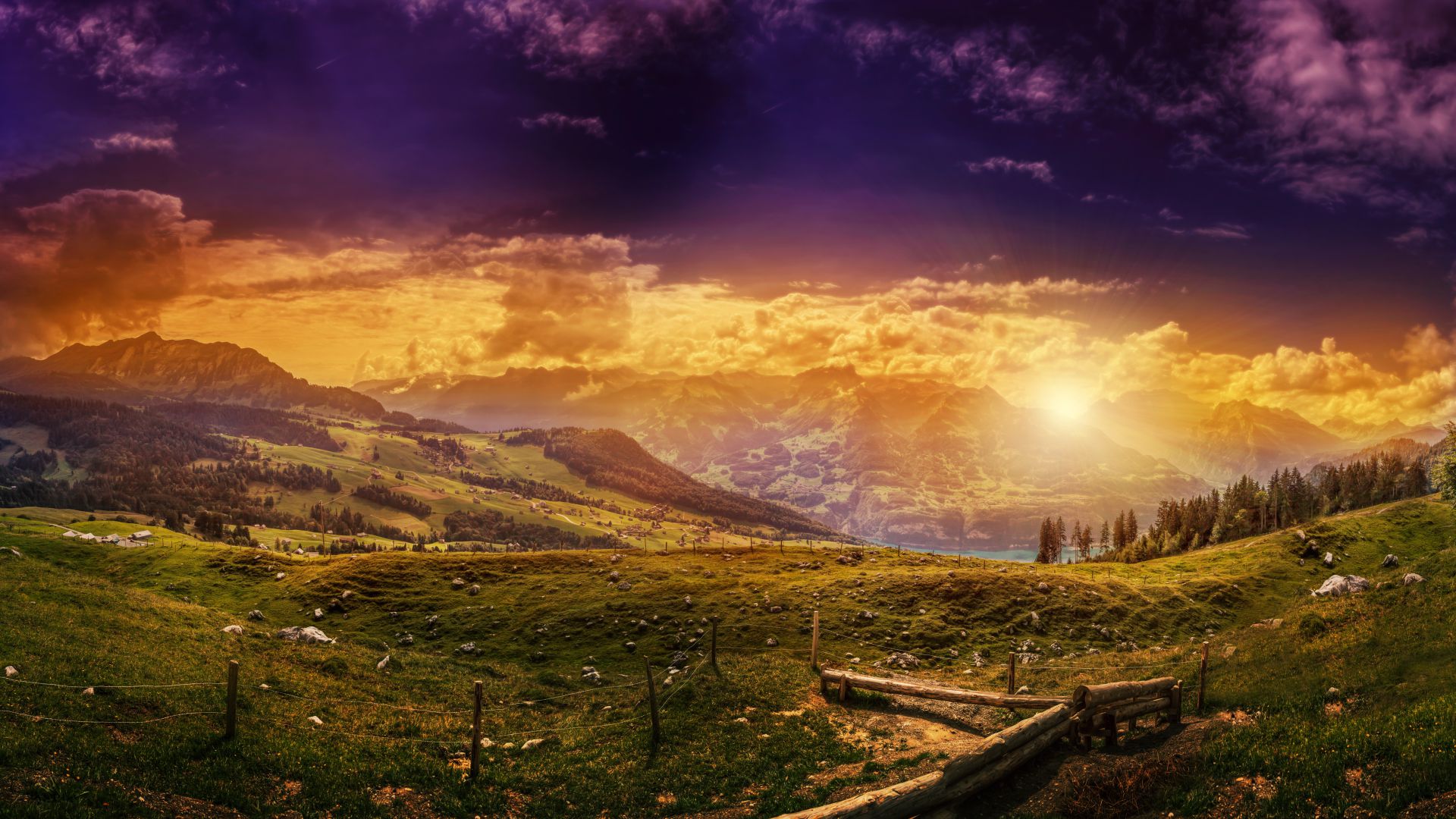 Switzerland, 5k, 4k wallpaper, 8k, HD, Mountains, sunset, hills, meadows (horizontal)