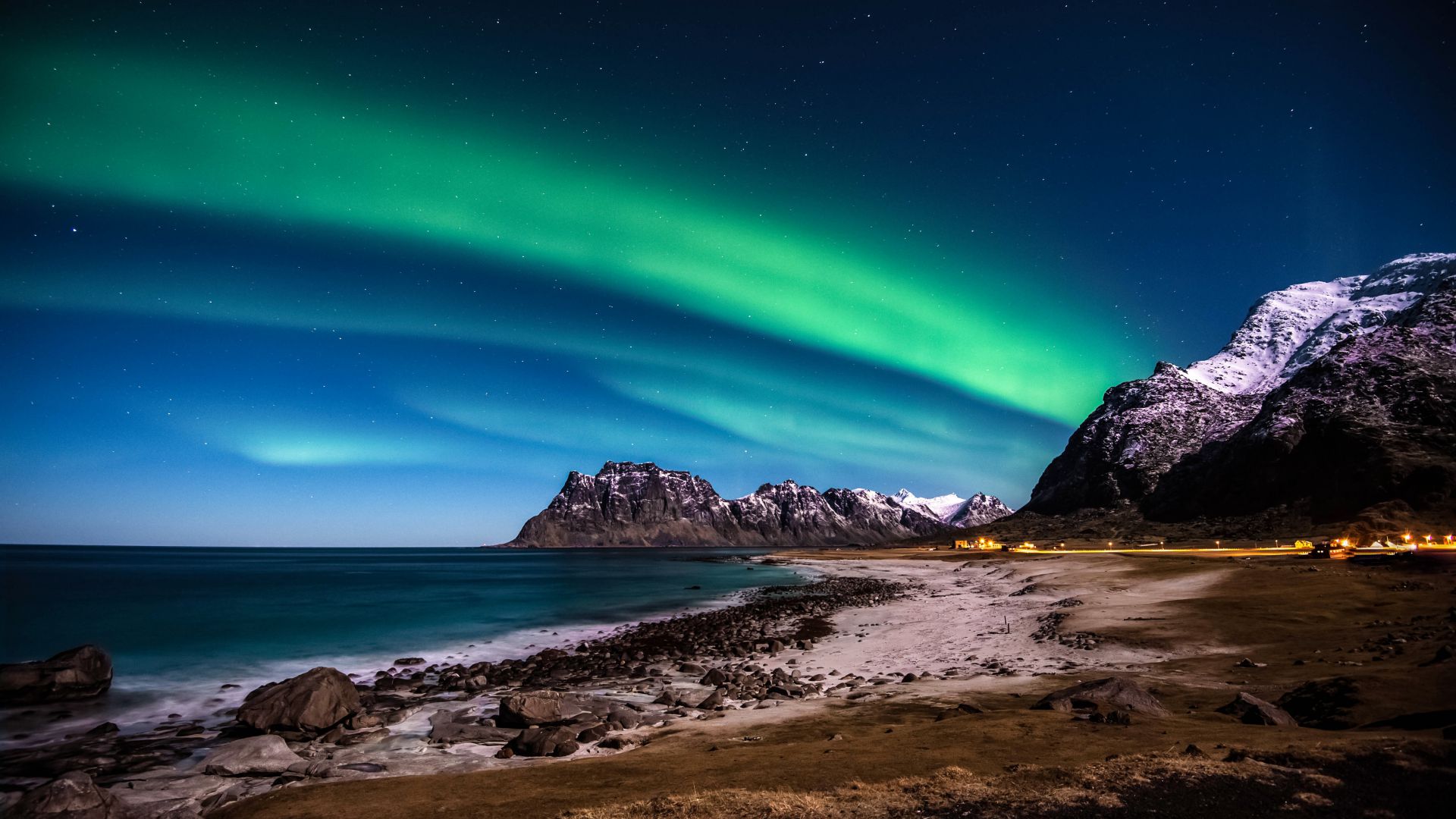 Norway, 5k, 4k wallpaper, HD, Lofoten islands, Mountains, sea, shore, night, northern lights, stars (horizontal)