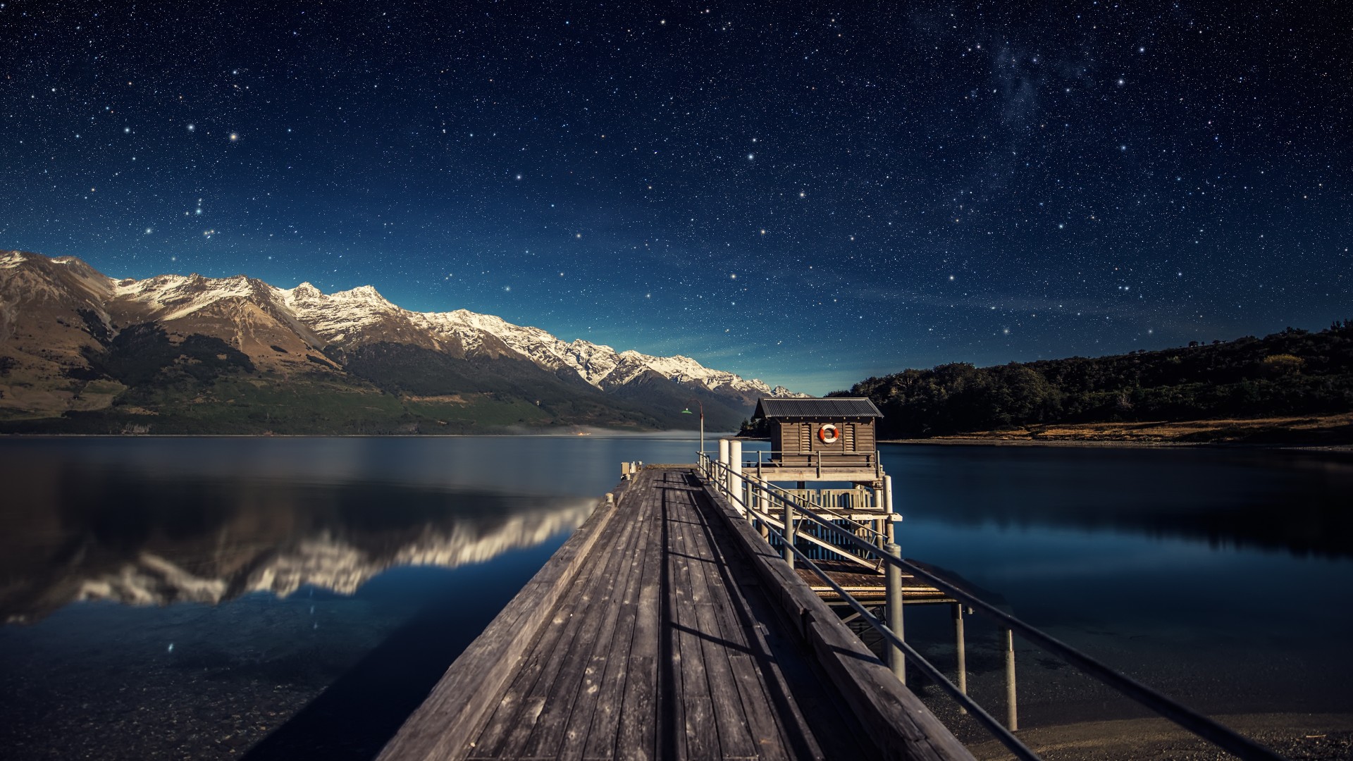 night sky, 5k, 4k wallpaper, stars, mountains, bridge, New Zealand (horizontal)