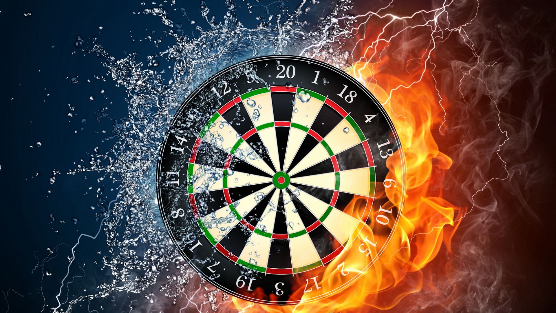 darts, 4k, 5k wallpaper, HD, wheel, target, fire, water (horizontal)