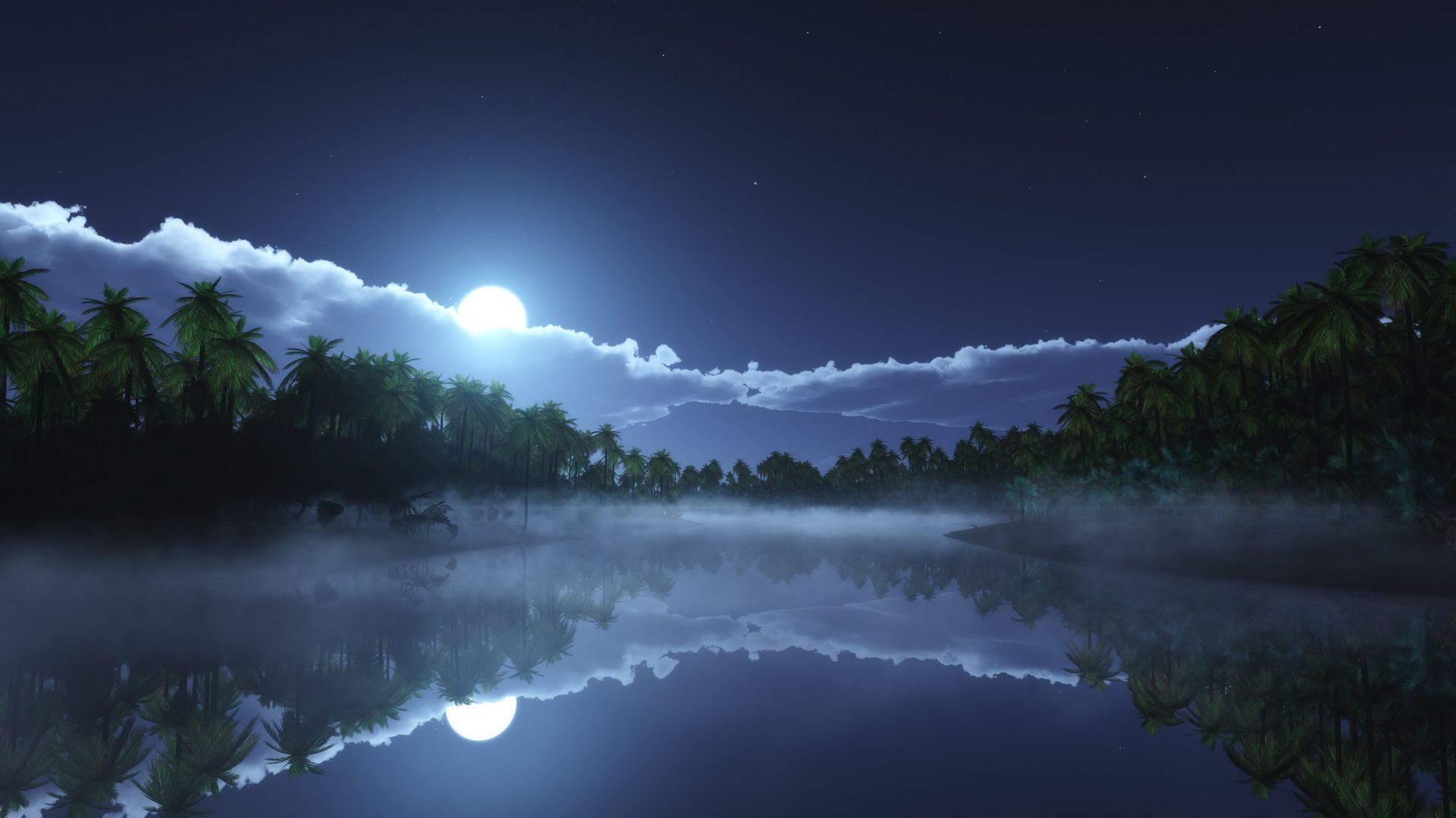 River, 4k, HD wallpaper, sea, palms, night, moon, clouds (horizontal)