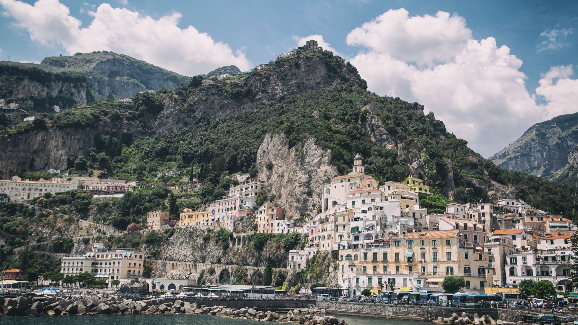 Amalfi, 5k, 4k wallpaper, Amalfi Coast, Italy, rocks, clouds (horizontal)