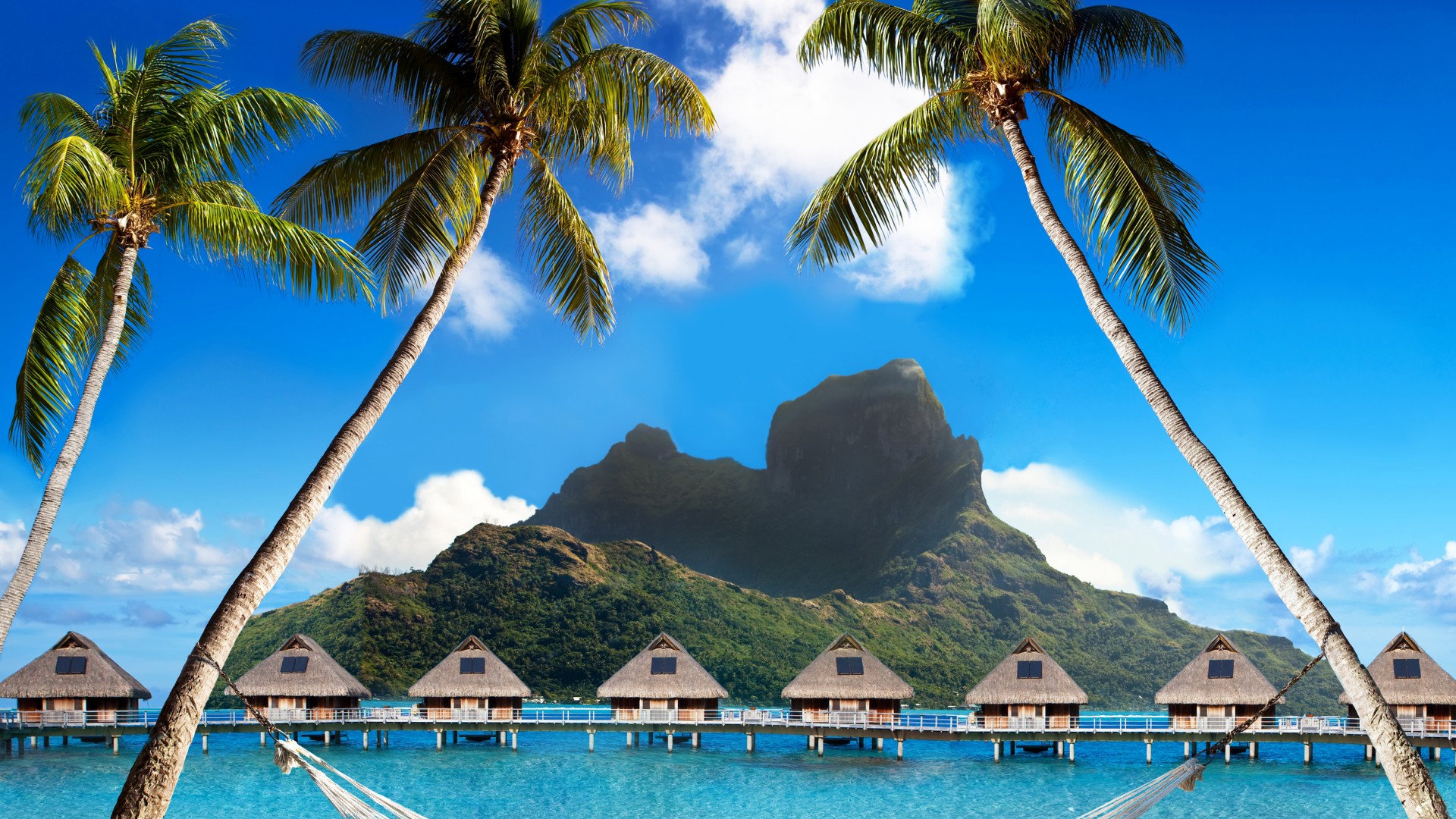 Bora Bora, 5k, 4k wallpaper, French Polynesia, Best beaches of 2017, Best Hotels of 2017, ocean, palm trees, mountains, beach, vacation, rest, travel, booking, palm trees, hammock (horizontal)