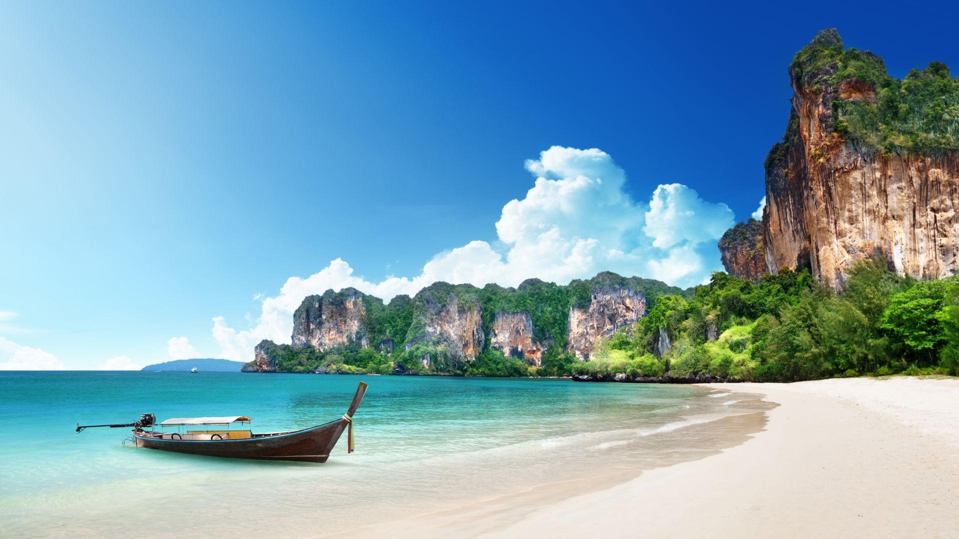 Thailand, 5k, 4k wallpaper, 8k, beach, shore, boat, rocks, travel, tourism (horizontal)
