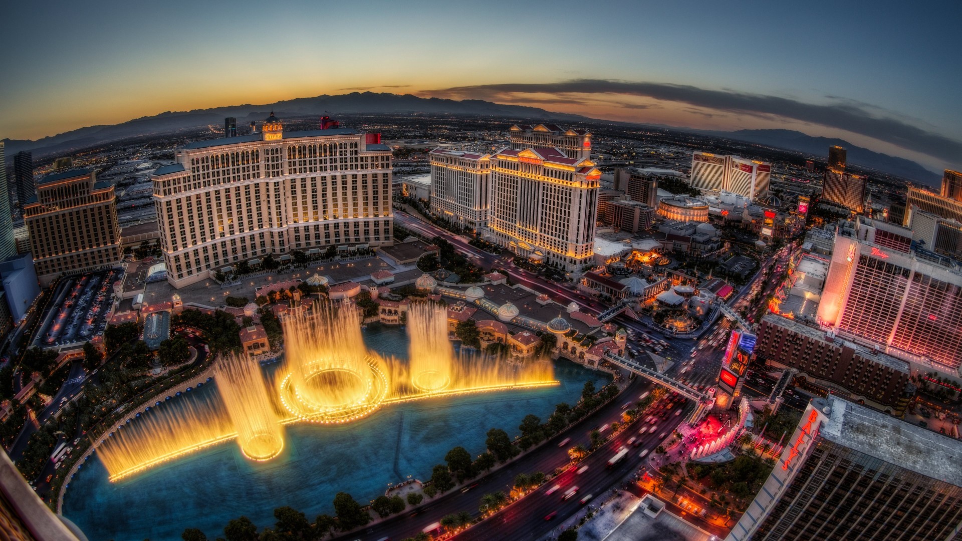 Las Vegas, Usa, Nevada, Bellagio, fountain, travel, vacation, sunset, lights, night, booking, casino (horizontal)