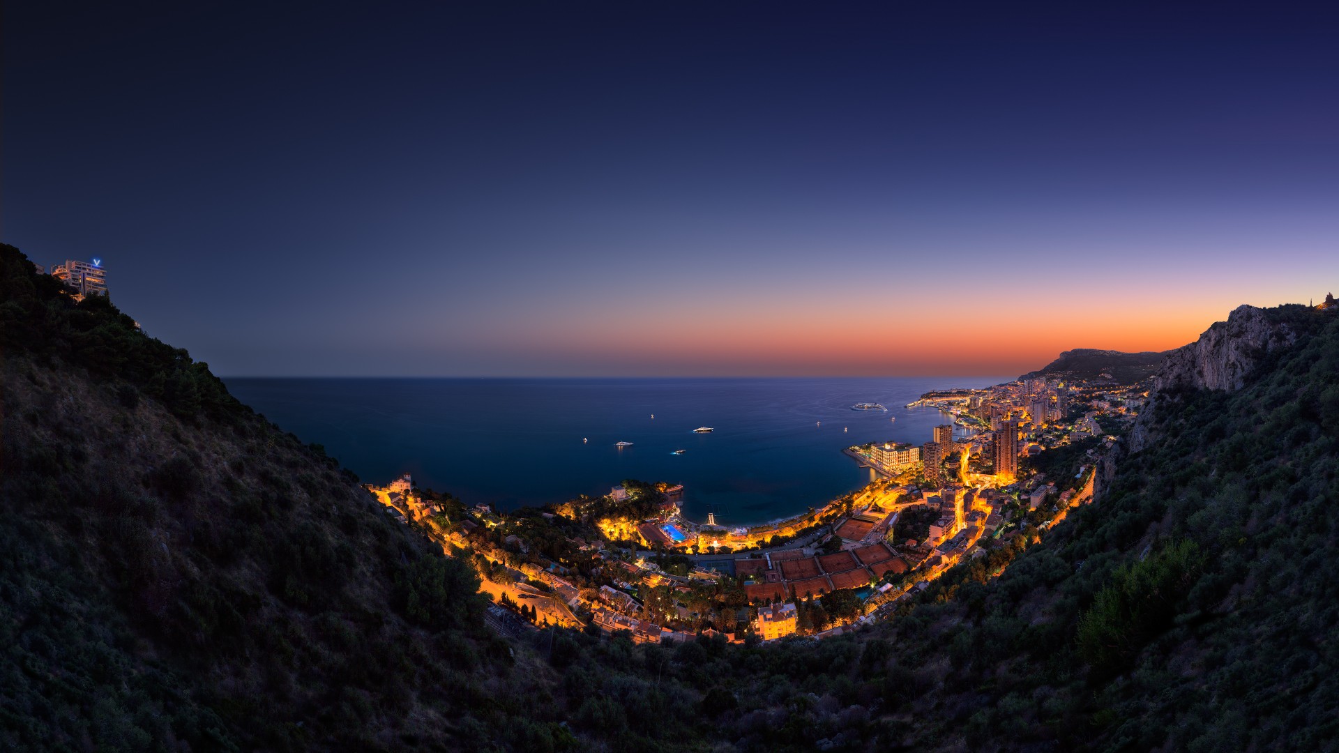 Principality, Monaco, Vista Palace Hotel, twilight, night, sky, light, boats, travel, vacation, booking, sea, ocean (horizontal)