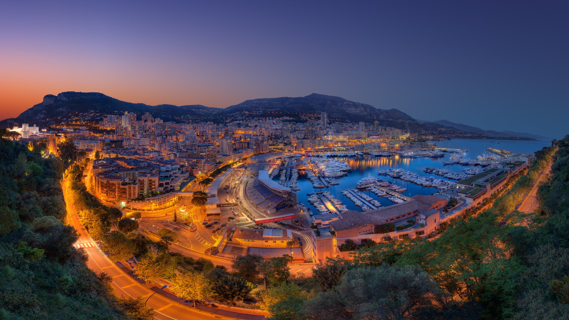 Monaco, Principality, city, twilight, night, sky, light, boats, travel, vacation, booking, sea, ocean, races, harbor (horizontal)