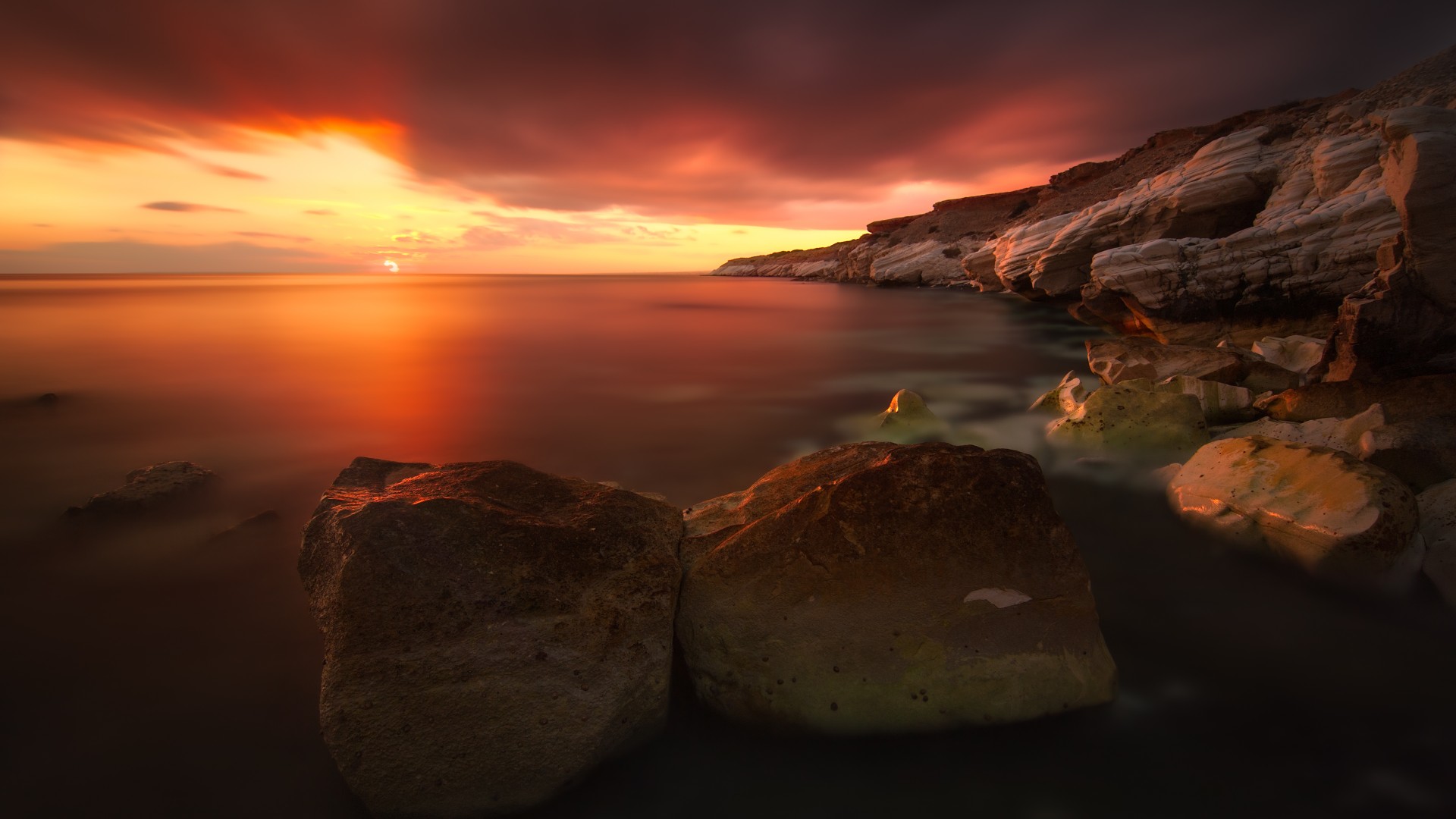Sunset, 4k, HD wallpaper, rocks, sea, ocean, water, red, clouds, sky, sun (horizontal)