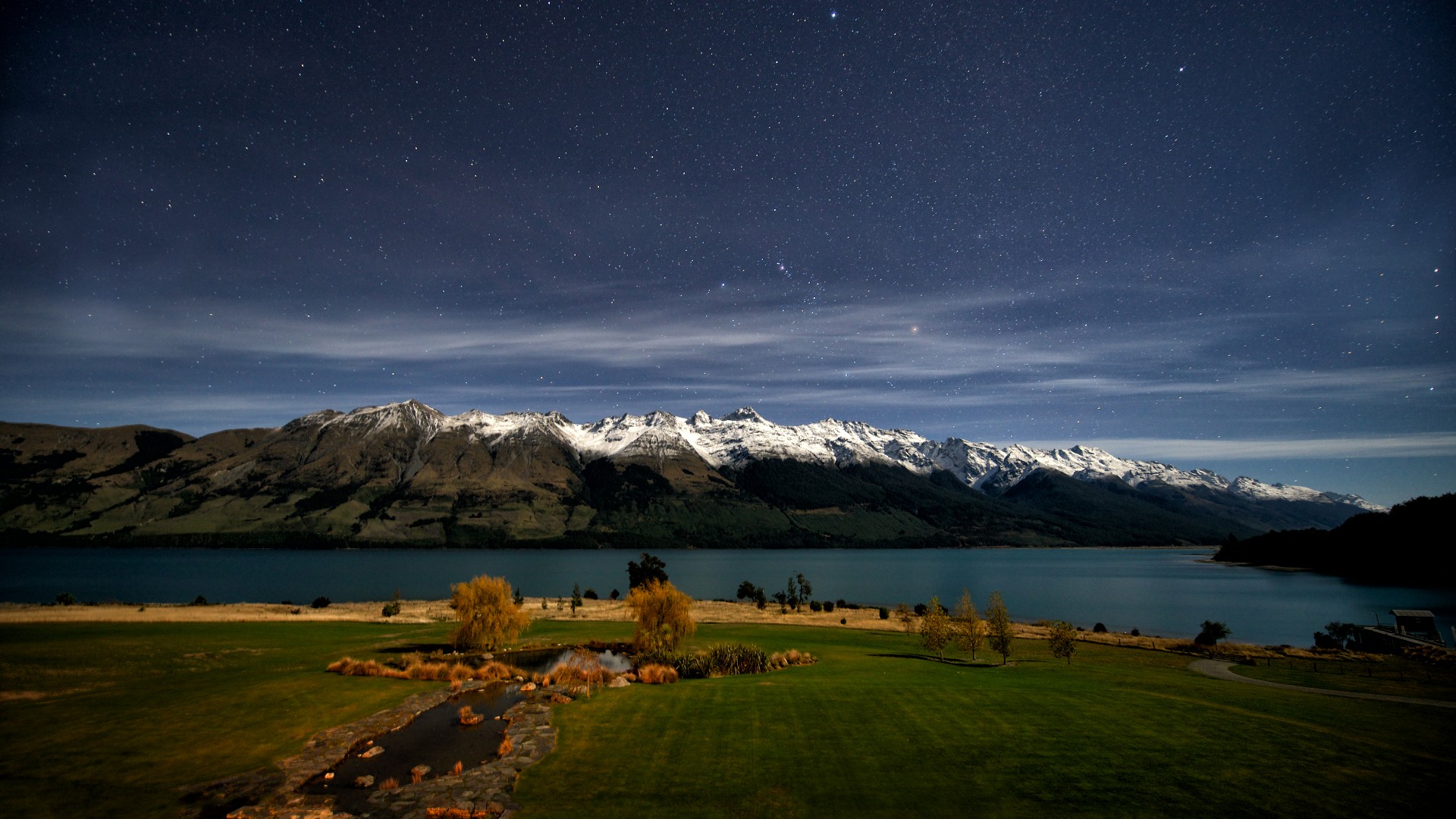 New Zealand, 4k, HD wallpaper, Queenstown, Lake Wakatipu, stars, mountain, snow, green grass, sky, landscape (horizontal)