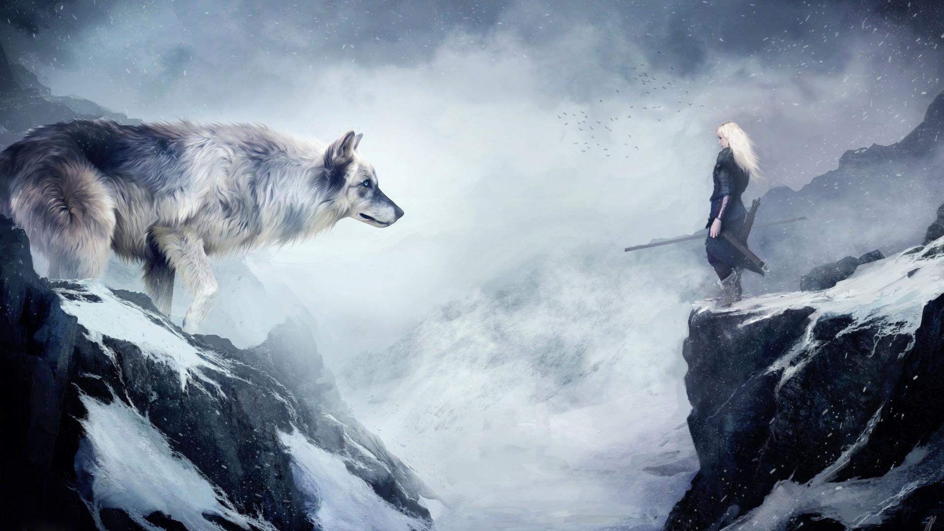 wolf, 4k, HD wallpaper, mountain, girl, animals, winter, drawing, snow, fantasy, art (horizontal)