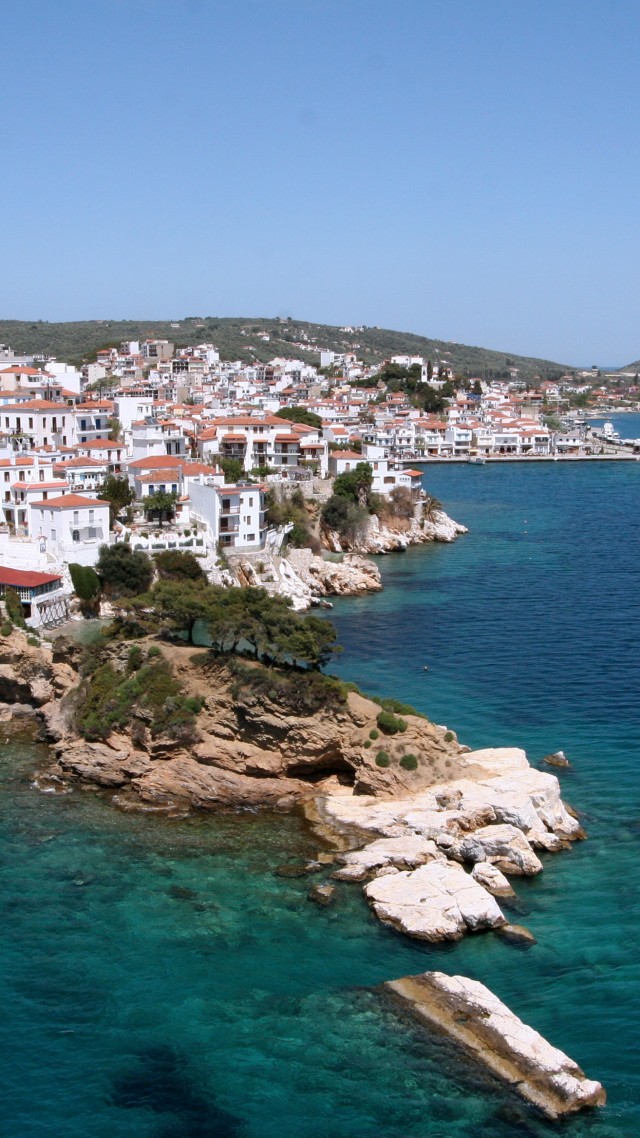 Skiathos, island, Greece, sea, water, ocean, rocks, resort, travel, vacation, booking (vertical)