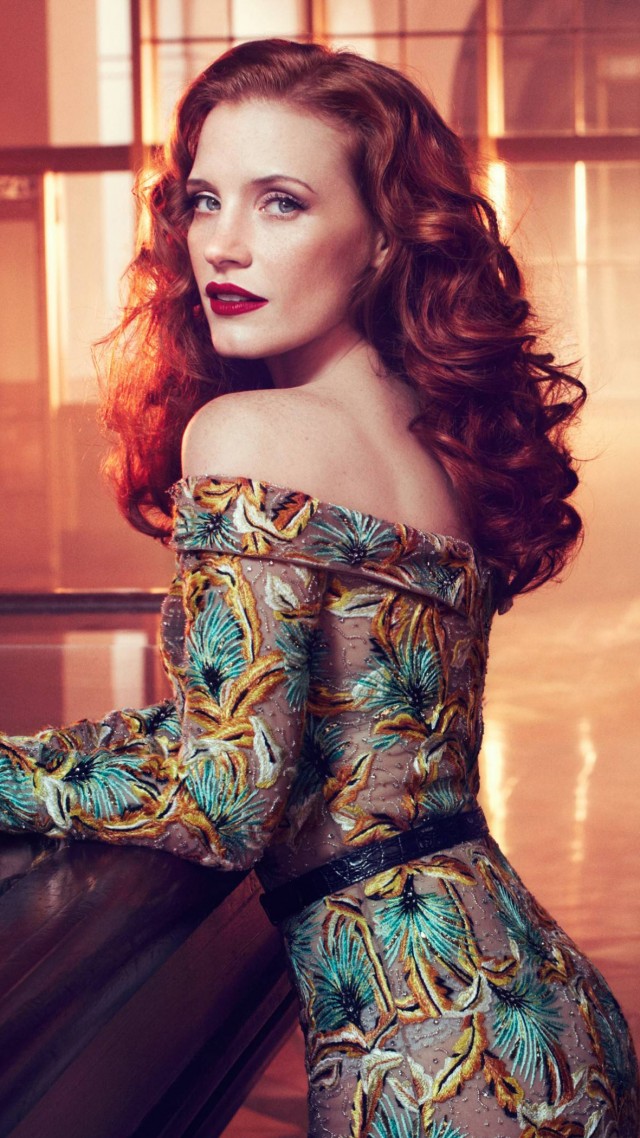 Jessica Chastain, red hair, beauty, dress, red lips, interior, Vogue Italia (vertical)