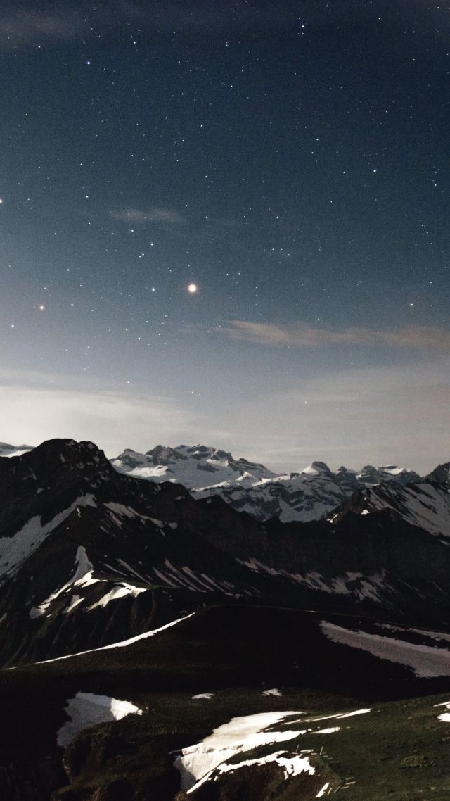 mountains, 4k, 5k wallpaper, snow, stars (vertical)