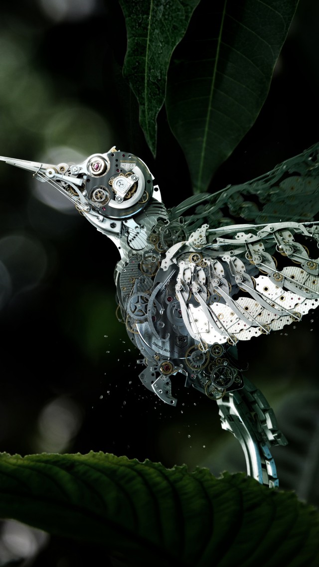 Hummingbird, Сolibri, steampunk, flower, leaves, green, drops, flying, bird, nectar, garden, nature, mechanical (vertical)