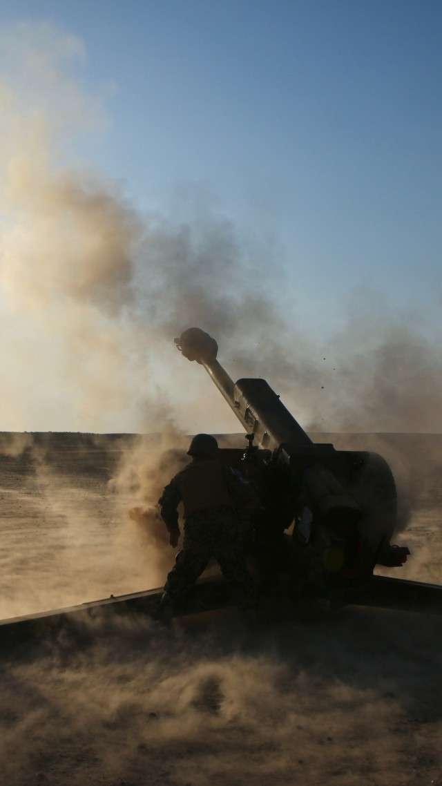 D-30, howitzer, 2A18, 122-mm, artillery, weapon, firing, desert, sand (vertical)