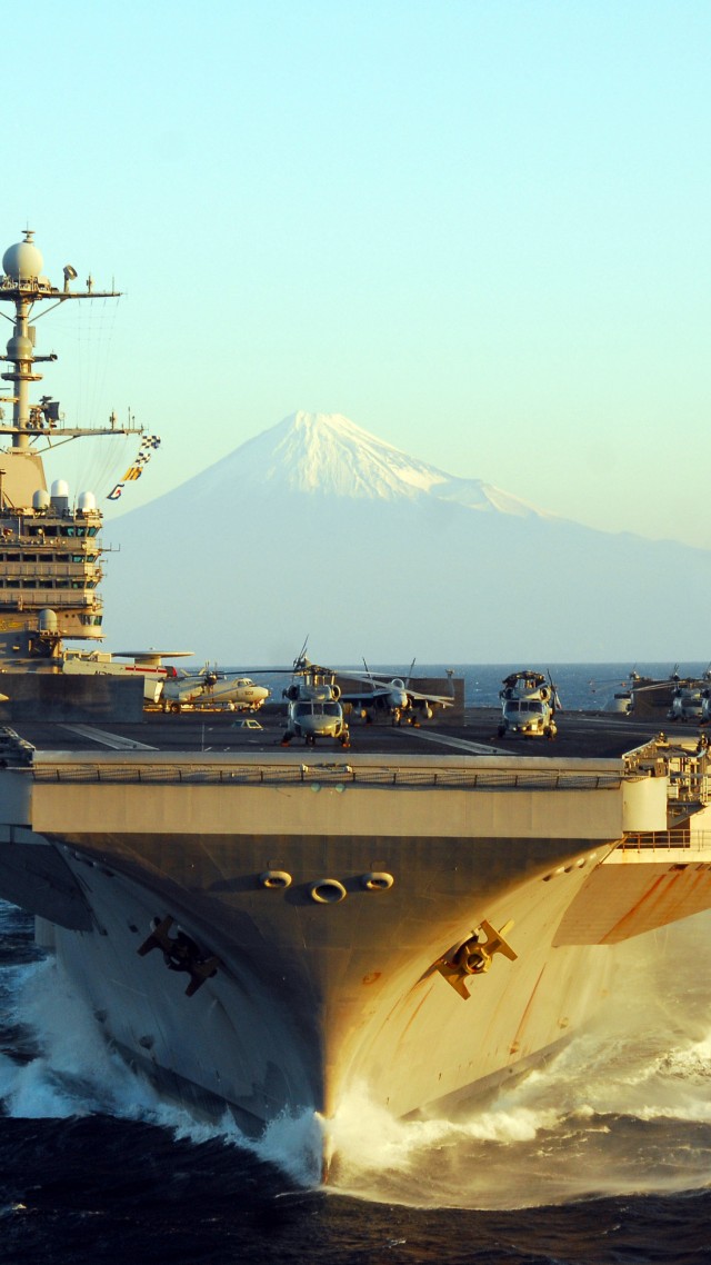 USS George Washington, CVN-73, aircraft carrier, Nimitz class, U.S.Navy, mountain, Fuji Japan (vertical)