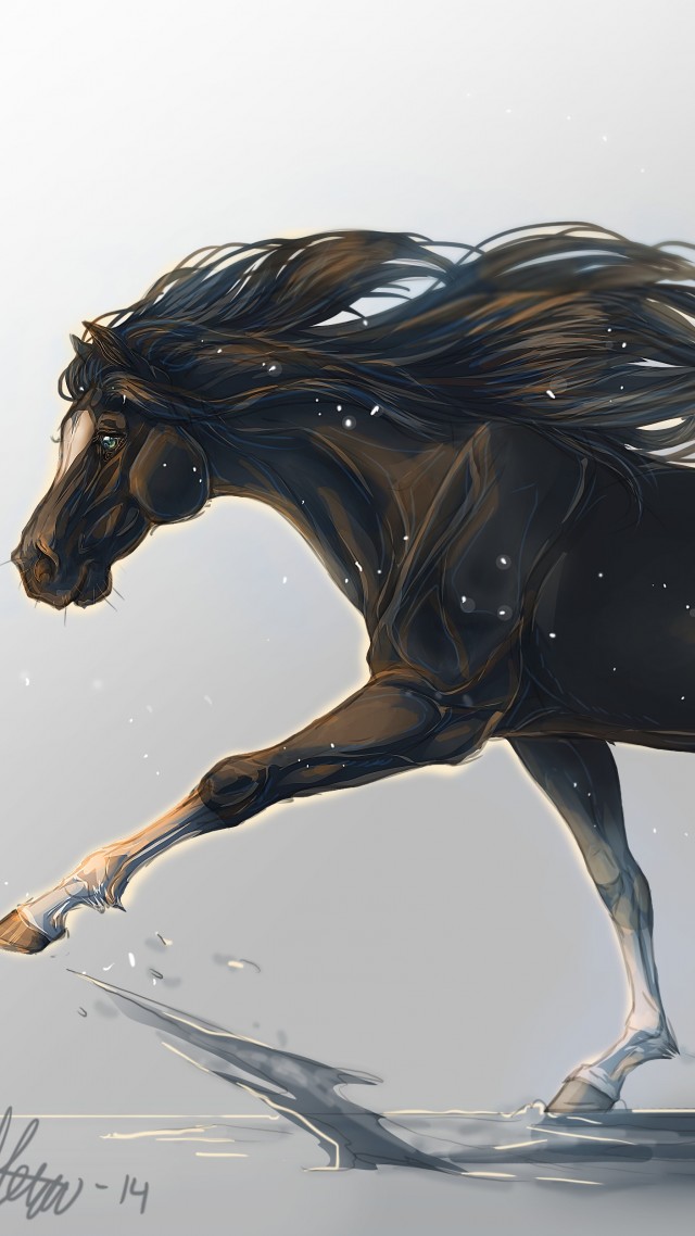 horse, hooves, 5k, 4k wallpaper, mane, galloping, black, white background, art,  (vertical)