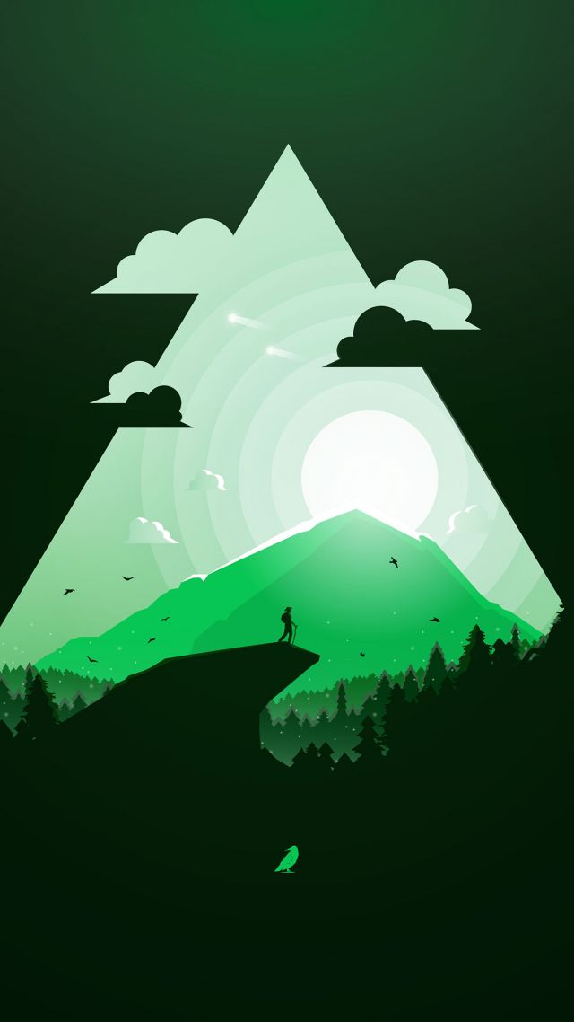 mountain, sun, green, triangle, 4k (vertical)