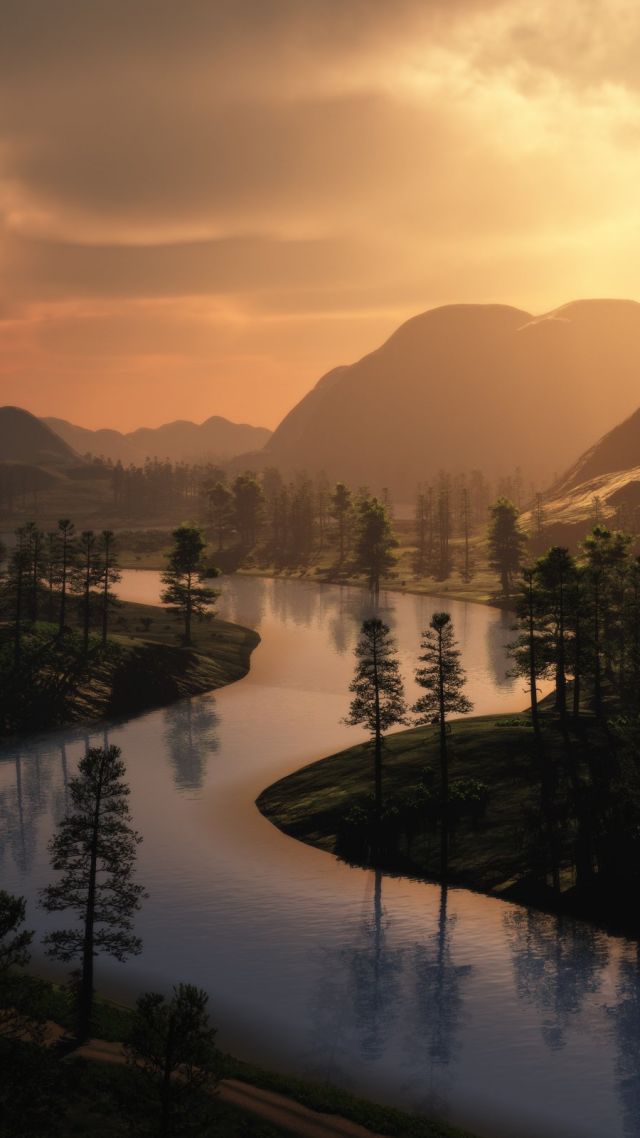 forest, mountains, sunset, river, HD (vertical)